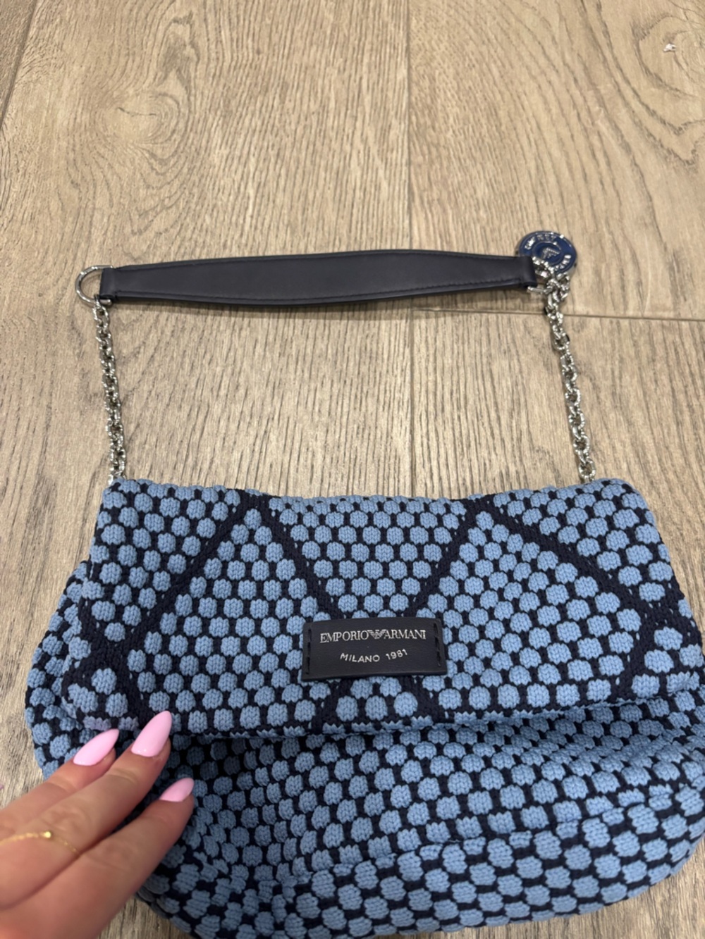 Emporio Armani Navy and Light Blue Knit Chain Shoulder Bag